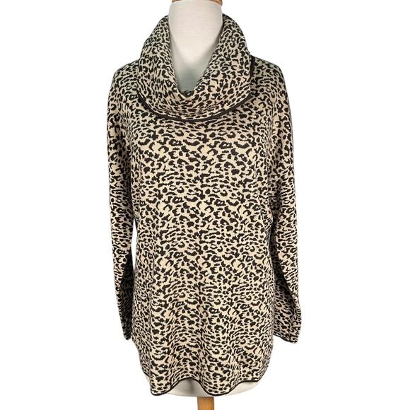 Calvin Klein Cowl Neck Tunic Sweater Medium Black Camel Cheetah Leopard Print - Picture 10 of 10